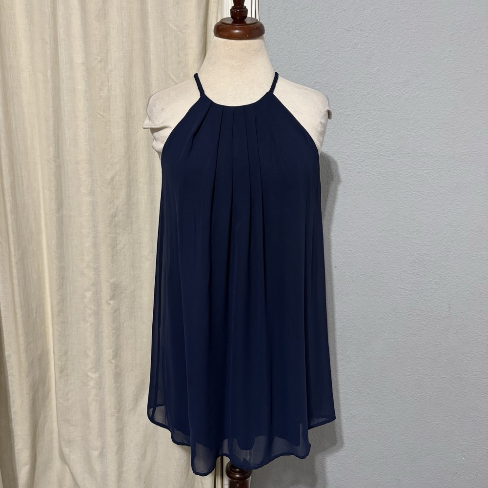 Soprano Navy Blue Chiffon Halter Neck Pleated Sheer Lined Mini Dress Size XS USA